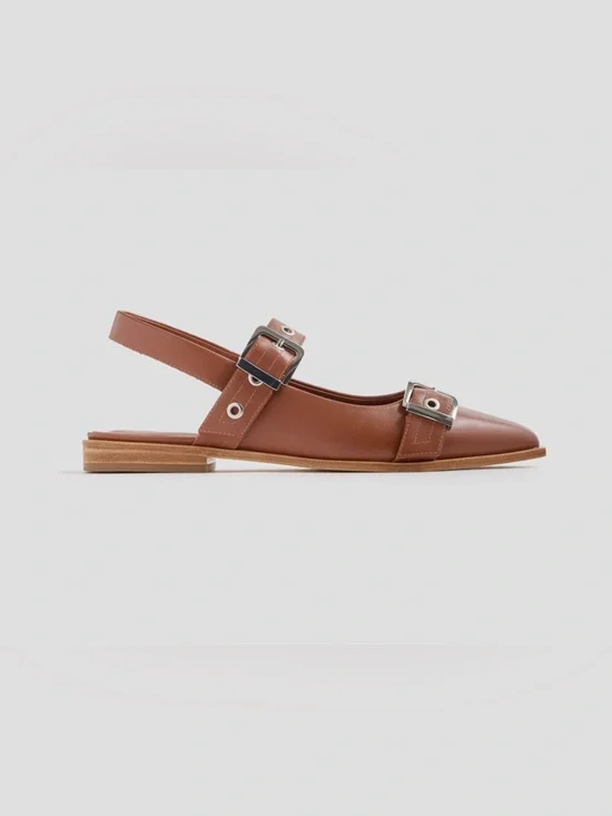 NIB Quince Size 7 Italian Leather Bold Buckle Slingback Flat In Cognac - Picture 2 of 7